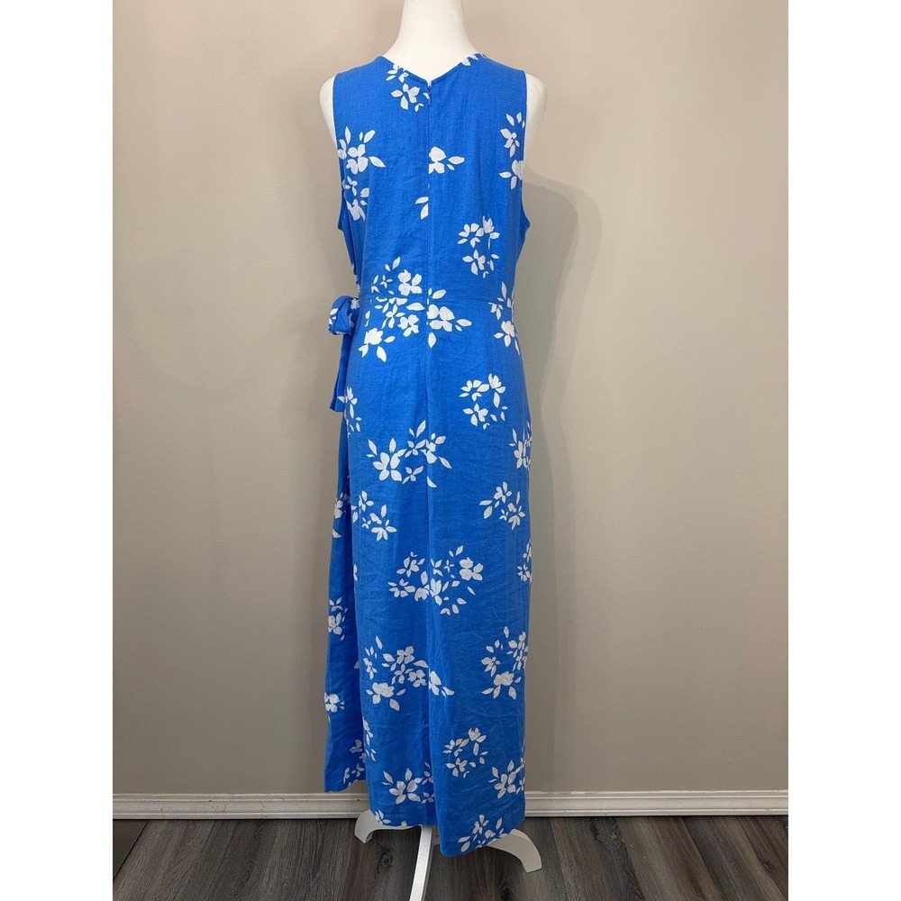 Ann Taylor Maritime Blue White Floral Linen Blend Wrap Maxi Dress Size 12/L - Picture 5 of 11